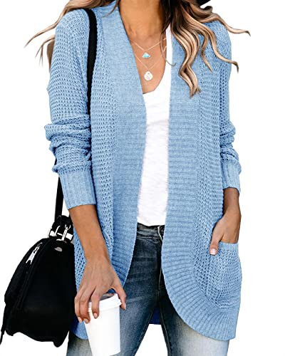 Saodimallsu Damen Lose Open Front Strickjacke Langarm Lässige Leichte Weiche Strickpullover Mantel mit Taschen (Klein, Hellblau)