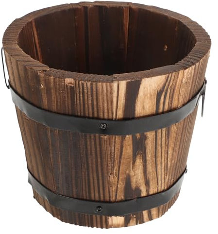 Holibanna Petit pot de fleurs rond en bois rustique avec deux poignées et anneaux noirs 10 cm