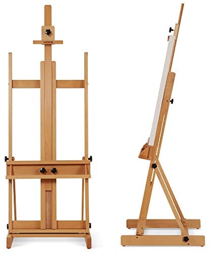 VISWIN Staffelei Groß H-Rahmen 135-231 cm H, Hält Leinwände bis zu 198 cm, Premium Atelierstaffelei Groß aus Buchenholz mit Breiterer Ablage, Leinwand Ständer für Malen, Künstler, Erwachsene