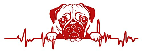 Aufkleber Herzschlag Tiere Breite 27cm Lifeline Heartbeat Deko Sticker Selbstklebend für Auto Kühlschrank Laptop Autoaufkleber K150 (Karminrot, 21 Mops)