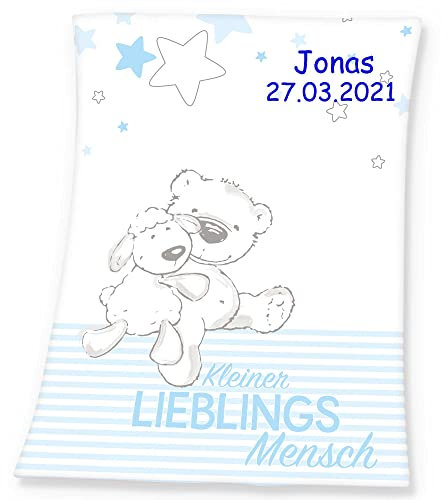 SL-Store Gbr Babydecke mit Namen Bestickt Decke 75x100 cm Geschenk zur Taufe zur Geburt Kinderdecke Drache Bär Schmetterling Hase (Lieblingsmensch hellblau)
