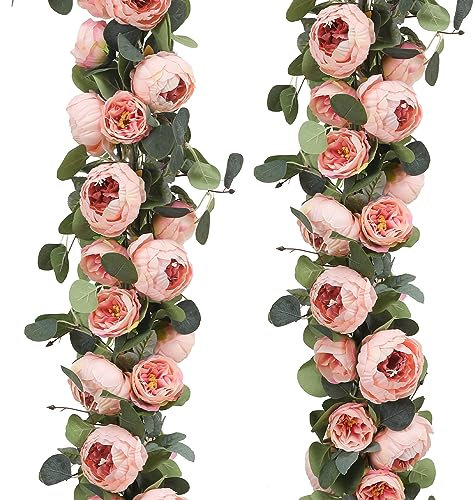 Floweroyal Künstliche Blumengirlanden mit Blumen, Eukalyptus-Girlanden mit Blumen, 8 Köpfe, Pfingstrosen, künstliche Blumengirlande für Hochzeitsbogen, Tisch, Wand, Hintergrund, Kranz, Dekoration, 2