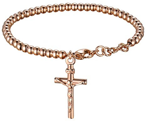 Flongo Rosenkranz Kette Armband Kugelkette Silber Rose Gold mit Jesus Christus Kruzifix Kreuz Medal Medallion für Männer Frauen