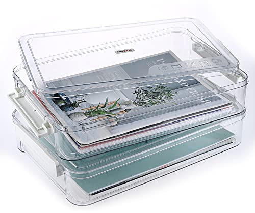 BTSKY 2 Pack Clear Large Size A4 Document Storage Box with White Snap-Tight Lid - PET Files Documents Magazines Notebooks Box Organizer Desk Storage Box Holder