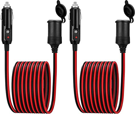 SOSPIRO 2Pcs 24FT/8M Car Lighter Extension Lead DC12V 24V 16AWG Cigarette Lighter Extension Cord, 20A Fuse, Male Plug to Femal Socket Extension Cable LED Light for Camping Tire Inflator Air Compressor