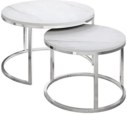 lukmebel Ciri Runder 2-in-1-Couchtisch – 2er-Set – Satztische Wohnzimmer – Levanto-Marmorplatten auf verchromtem Metallsockel – 70x48x70/80 cm & 50x42x50/60 cm