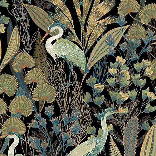 Ciara Tropical Cranes and Birds Black Vinyl Wallpaper - Floral Botanical Multicoloured - Paste The Wall Modern Contemporary