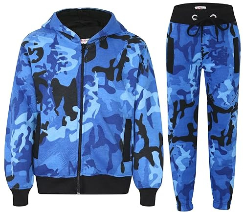 A2Z 4 Kids Girls Boys Tracksuit Plain Camouflage Fleece Hooded - T.S Plain Camo Blue 11-12