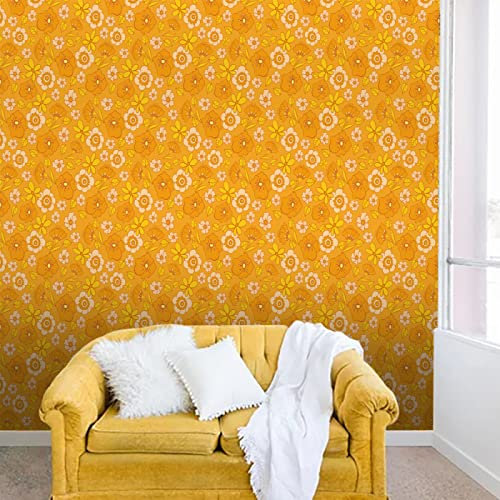 Papiers Peints Fleur Orange Papier Peint Adhesif Mural Salon Papier Adhesif pour Meuble Papier Peint Intissé Facile à Peler Papier Adhésif Décoratif Cuisine 40x250cm