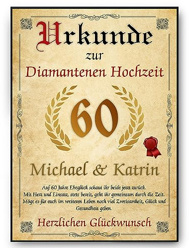 Personalisierte Urkunde zum 60. Hochzeitstag Geschenk zur Diamanten Hochzeit | Diamante Hochzeit Karte Personalisiert mit Namen | 60. Jahrestag Geschenkidee Deko DIN A4