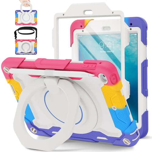 ROISKIN for iPad Mini 5/4 Case 7.9 inch 2019/2015,Heavy Duty Kids Shockproof Case with Screen Protector & Rotating Stand & Shoulder Strap & Pencil Holder for iPad Mini 5th/4th Generation (Pink)