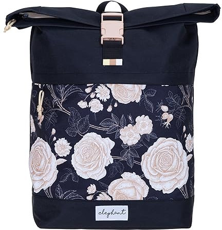 Elephant Rucksack Damen Mädchen Freizeitrucksack Sport Reise Schule DIN A4 Roll-Top mit Laptopfach Geheimfach Anti-Theft Daypack Large Flower 13038 (black flower)