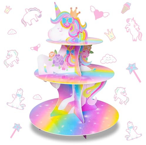 AuSletie Unicorn Cupcake Stand,3-Tier Cardboard Cupcake Stand Party Decorations Unicorn Theme Cupcake Holder Decorations Unicorn Dessert Tower for Girls Kids Unicorn Theme Party Birthday Supplies