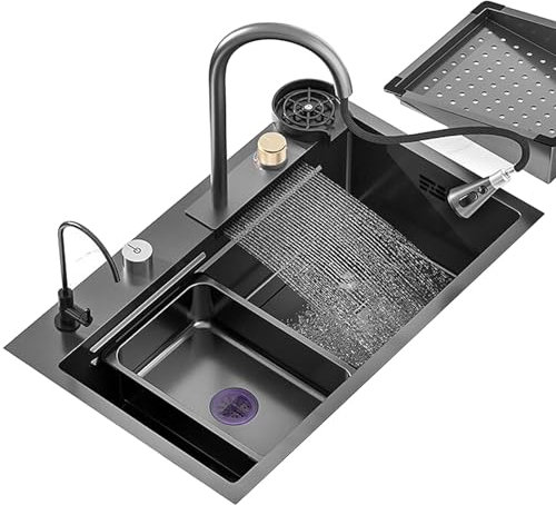 Fregadero De Cocina Negro con Cascada Fregadero De Acero Inoxidable 304 Fregadero Grande De Un Seno Grifo Negro Incluido Lavavasos Y Otros Accesorios (S : 80x45x22cm)