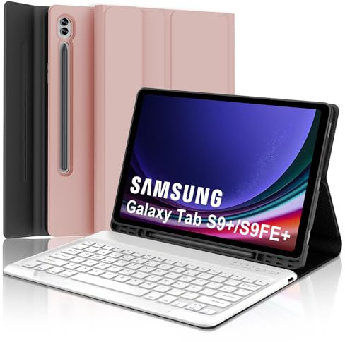 Funda con Teclado para Samsung Galaxy Tab S10 Plus/S9FE Plus/S9 Plus 12.4 Pulgadas, Teclado Bluetooth Desmontable Inalámbrico con Portalápices para Samsung Galaxy Tab S10+/S9+/S9 FE+ 12.4, Oro Rosa