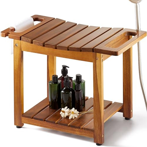 BLUEWEST Banco de ducha con estante de almacenamiento, bancos de ducha de madera natural para sentarse en el interior, taburete de spa impermeable para afeitarse las piernas con mango integrado y