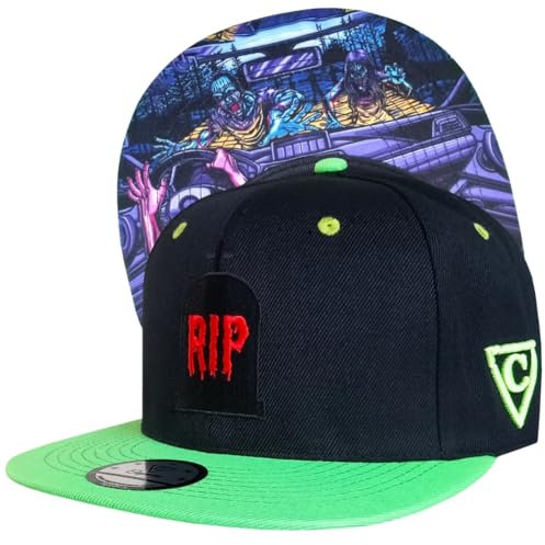 Capiche [99+ Varianti] Cappellino Snapback Zombie Escape - Cappello Nero con Visiera Verde Neon, Logo Ricamato Strappo Rosso, Grafica sotto per inseguimento in Auto