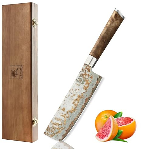 zayiko MysticMagma Nakiri Damastmesser - 17 cm Klinge aus 67 Lagen Damaststahl mit Kupfer- und Bronze-Einlage, DualCurve Griff aus Ahornwurzelholz, Holzbox