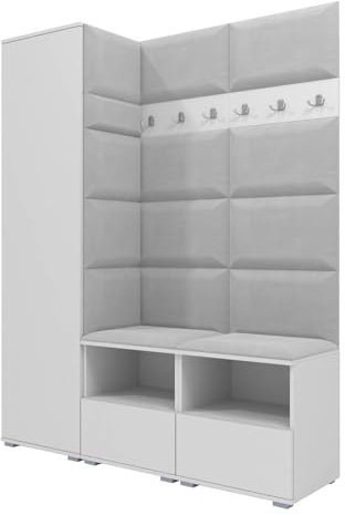 RAVIO Garderoben-Set NELA II mit Zwei Schuhschränke, 150cm Flurgarderobe mit Wandpaneele, Inklusive Montagekleber, Praktischer Wandgarderobe (Weiß + Hellgrau (Trinity 32))