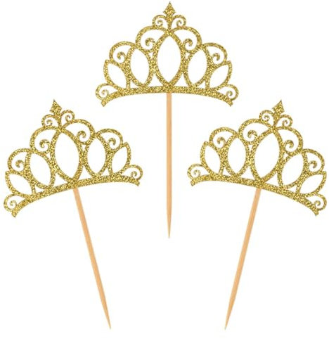 Krone Tortendeko, 24 pcs Glitter Krone Cake Topper, goldene Glitzer Topper, Cupcake Topper, Klein Krone Muffin Deko Hochzeit, für Babyparty, Geburtstag, Jahrestag, Hochzeit, Dessert-Backen