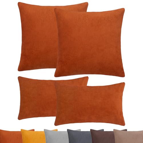 Selfitex 4er Set Cord Sofakissen 2X 30x50 + 2X 50x50, Couchkissen inkl. Füllkissen, samtiger Kissenbezug mit weicher Kissenfüllung, Flauschige Dekokissen für Wohn- & Schlafzimmer (Anzola)