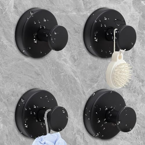 4 Pezzi Gancio a ventosa, Portata 10 KG, Gancio Accappatoio Doccia, Senza Foratura Ganci Ventosa Bagno, Gancio Riutilizzabile a Ventosa, Acciaio Inox Porta Asciugamani Resistenti Gancio (Nero)