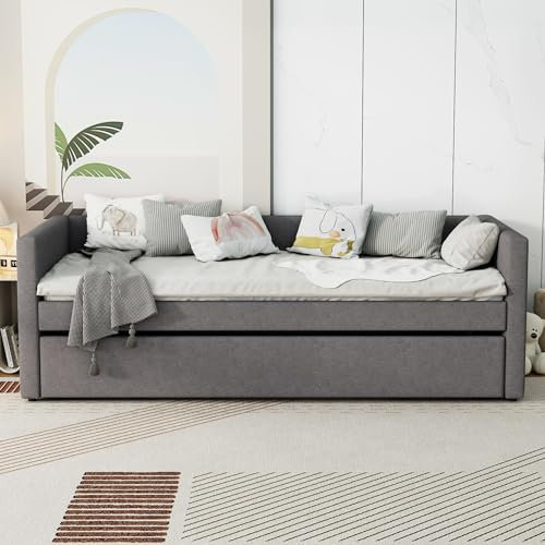 REXO 90x200cm Doppelbett, Tagesbett, Doppelbett mit klappbaren und hochklappbaren Metallbeinen, ohne Matratze, schlicht und stilvoll, Leinen, Grau