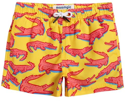 MaaMgic Badehose Jungen Sommer Badeshorts Schnelltrocknend Boardshorts mit Netzfutter Taschen und Verstellbarem Tunnelzug Urlaub Shorts,5-6 Jahre alt,Krokodil Gelb