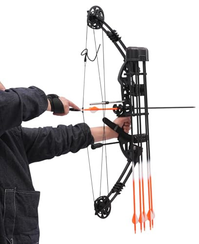 WOLEGM Juego de Arco Compuesto 30 x 89 cm para Adultos - Ajustable con Visera de 5 Pines, Separador, Bolsa de Transporte, Caja de Flechas - para Caza, Tiro con Arco y Entrenamiento,Arco Adulto