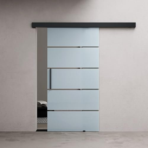 Durovin 775 * 2050mm Internal Sliding Glass Door - Frosted Sections - Black Bar Handle & Rail - with Soft Close & Track 5ft for Bathrooms Kitchens Living Room Bedroom