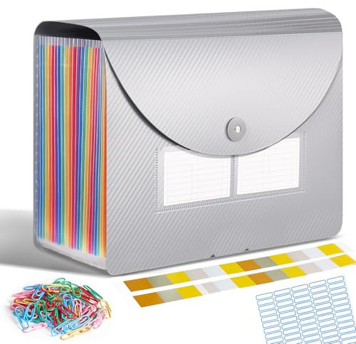 Dokumentenmappe A4, Fächermappe Sortiermappe mit 24 Fächern, Regenbogen Ordner Akkordeon Aktenordner mit Etiketten, Erweitern Ordnungsmappe mit Deckel