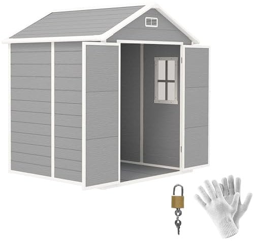 Outsunny 6 x 5ft Garden Shed, Plastic Shed with Floor, Window, Lockable Doors and Vents, Wood Effect Resin Tool Shed for Outdoor Patio, Dark Grey