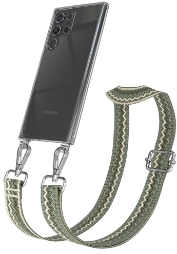 EAZY CASE Handykette - Verstellbares Taschenband kompatibel mit Galaxy S22 Ultra 5G, Schulterriemen, Handykordel mit Silikon Hülle, Umhängetasche, Grün Beige Silber