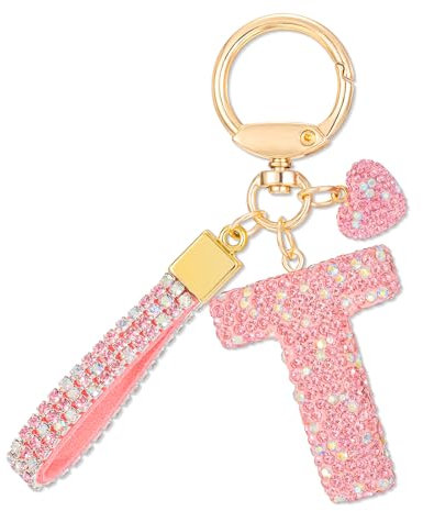 MWOOT Rose Voiture Porte clés Cadeau pour Femmes Filles Initial Lettre Porte-clés Mignon Bling Lettre Pendentif pour Sac à main Charms, Lettre T