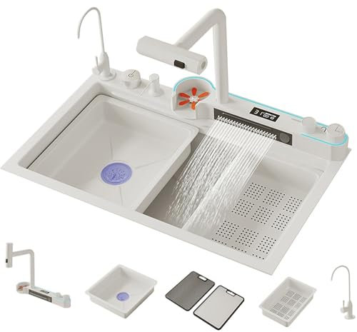 HanDpi Fregadero de Cocina Multifuncional, Acero Inoxidable 304 Blanco, Doble Cascada, Fregadero Individual, estación de Trabajo, Controles de sobremesa, Controles de Temperatura LED, Grifo extraíb