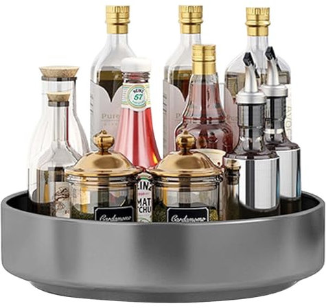 Küche Organizer Drehteller aus Kohlenstoffstahl, 26cm Küchenschrank Drehteller Organizer, Grosse Kapazität Gewürzregal Drehbar Anti Rutsch Küchenlagerungs für Küchenregal Arbeitsplatte (Grau, 26CM)