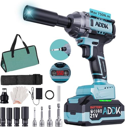 BursDany 1/2'' Clé à chocs sans fil 750N.m, Boulonneuse a Choc avec batteries, Moteur Sans Balai, 6 Vitesses 3300 tr/min, Vitesses à Chocs Kit pour le remplacement des pneus de voiture