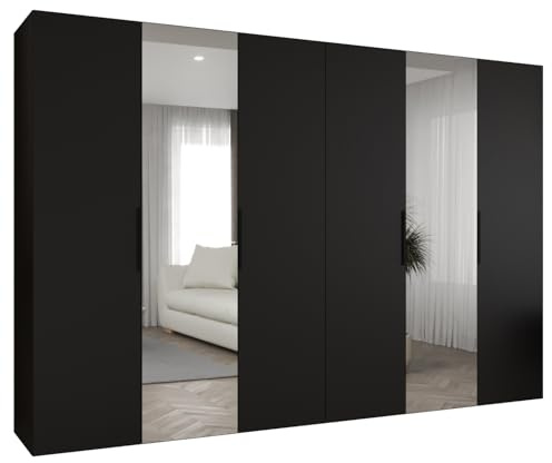 MEBLE KRYSPOL - Kleiderschrank mit Spiegel - Drehtürenschrank - Schrank 300x202x52cm - Garderobenschrank Schlafzimmer, Flur, Jugendzimmer - Farbe Schwarz, Griff Schwarz - Marbella 2 300
