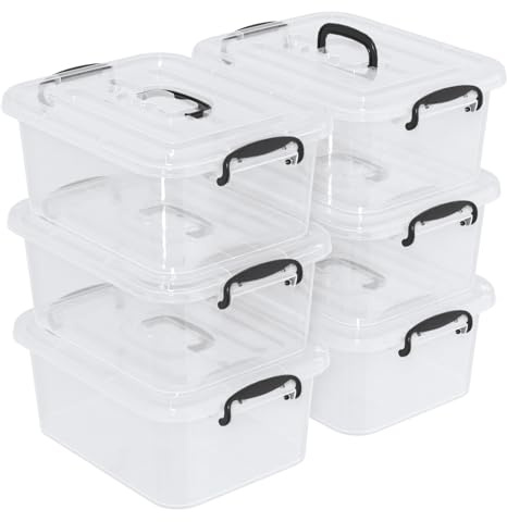 Ikando 6 Packs 8L Storage Boxes with Lids, Stackable Storage Box Clear | Small Plastic Containers with Handles for Home, office, Kitchen, Closet