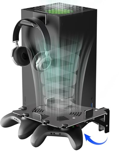 Bricok Wandhalterung für Xbox Series X mit Kühlung, faltbare Aluminium-Halterung mit Controller-Aufbewahrung, sichere Basis und einfache Installation (schwarz)