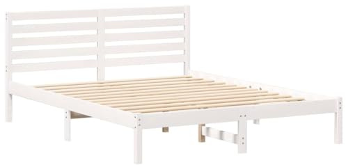 vidaXL Bettgestell mit Kopfteil Weiß 160 x 200 cm Massivholz Kiefer, Moderner Kiefernholz Plattformbett, Stabiler Rahmen für Matratze, minimalistisches Design, modernes Schlafzimmermöbel