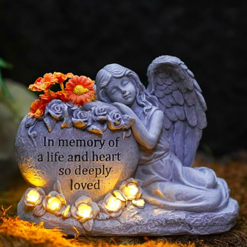 Eiswayla Solar Angel Garden Grave Ornaments, IP44 Waterproof Memorial Statue with LED Lantern, Bereavement & Sympathy Gifts for Mum, Women (19.5cm)