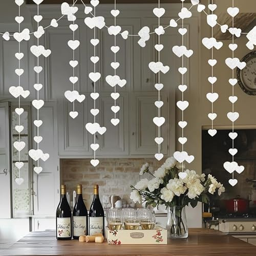 26Ft Heart Garland White, 2 Pieces 4m Hanging Paper Garland White Deco, Heart Garlands For Wedding Engagement Anniversary Valentine's Day Birthday Decoration