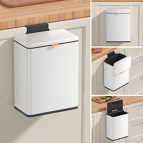 Mbillion Küchenkomposteimer, hängender Mülleimer mit Deckel, 8L/2,1 Gallonen, Edelstahl-Mülleimer für Küchenschranktüren, montierter unter der Spüle, Tür, Wohnmobil, Badezimmer (Weiß, 8L)