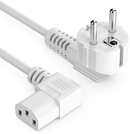 deleyCON 4m Kaltgerätekabel C13 90° rechts Typ F 90° - Weiß | Netzkabel Stromkabel, Schutzkontakt Stecker Typ F CEE 7/7 90° gewinkelt auf C13 Buchse 90° rechts, für PC, Monitor, Beamer