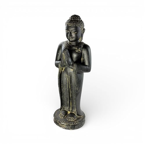 FaHome Buddha Figur stehend betend – Garten Terrasse Eingangsbereich Deko – Wetterfest – Stein Statue Namaste schwarz Gold – 50x18x16 cm