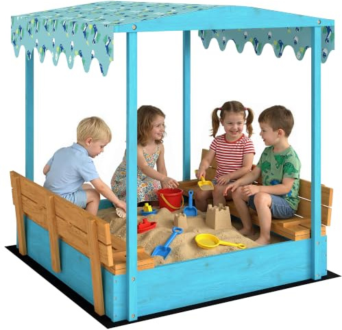 AIYAPLAY Sabbiera per Bambini 3-6 Anni con Tettuccio Dinosauri, Blu | Sedute Pieghevoli, Coperchio e Fodera Inclusa, Sabbionaia per Bambini in Legno di Abete, 134.5x127.5x130 cm