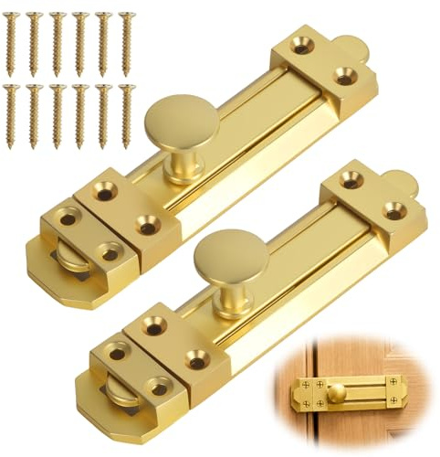 2 Pack Brass Door Bolt Lock 4 inch/100mm Surface Mounted | Internal Sliding Bolt Lock with Screws for Internal External Doors Bathroom Bedroom Cabinets Cupboards Other Wooden Doors
