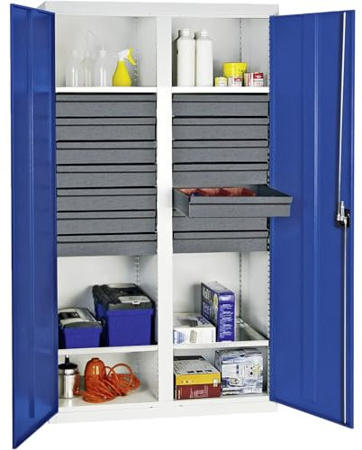 Werkzeug- und Materialschrank Serie 3000, 7035/5010, 14 Schublade 100 mm, Mitteltrennwand, 4 Wannenböden