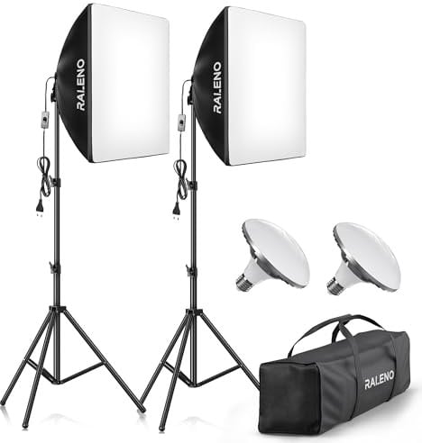 RALENO Softboxen, 2 x 50 W LED Softbox Fotostudio Set, 2 x 50 x 50 cm Fotolicht mit 5500 K Glühbirne und Stativ für Porträtfotografie, Game-Streaming, YouTube-Videofotografie